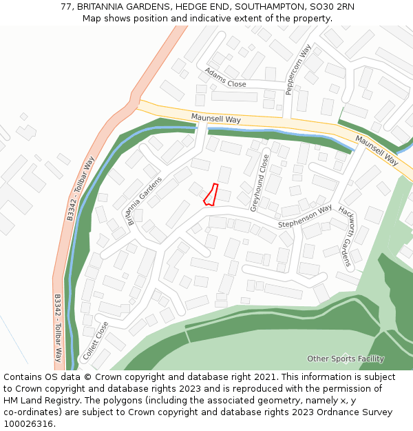 77, BRITANNIA GARDENS, HEDGE END, SOUTHAMPTON, SO30 2RN: Location map and indicative extent of plot