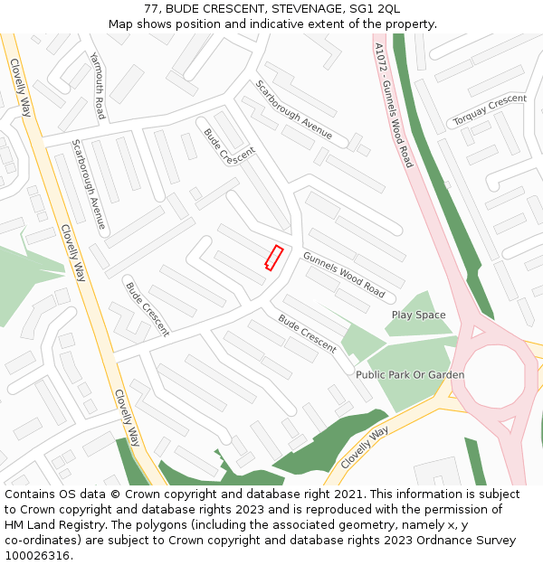 77, BUDE CRESCENT, STEVENAGE, SG1 2QL: Location map and indicative extent of plot