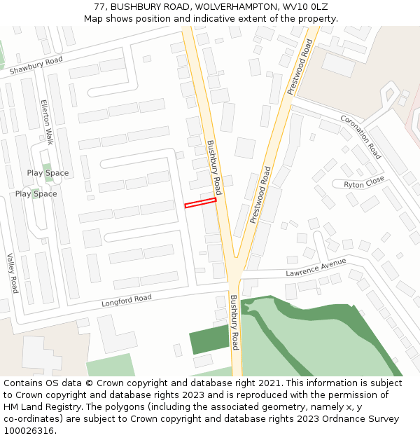 77, BUSHBURY ROAD, WOLVERHAMPTON, WV10 0LZ: Location map and indicative extent of plot
