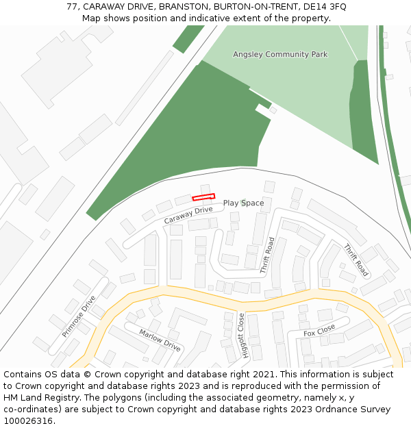 77, CARAWAY DRIVE, BRANSTON, BURTON-ON-TRENT, DE14 3FQ: Location map and indicative extent of plot
