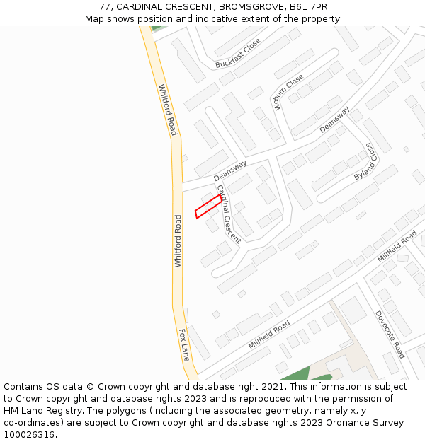 77, CARDINAL CRESCENT, BROMSGROVE, B61 7PR: Location map and indicative extent of plot