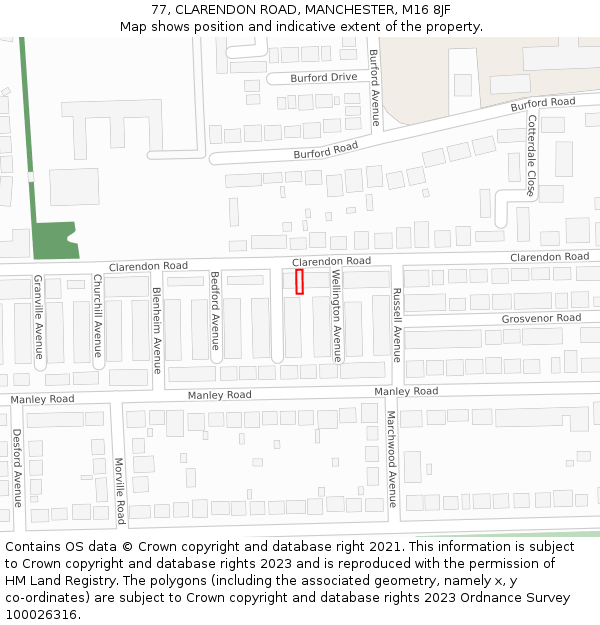77, CLARENDON ROAD, MANCHESTER, M16 8JF: Location map and indicative extent of plot