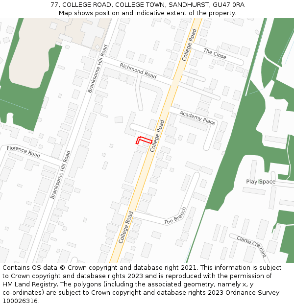 77, COLLEGE ROAD, COLLEGE TOWN, SANDHURST, GU47 0RA: Location map and indicative extent of plot