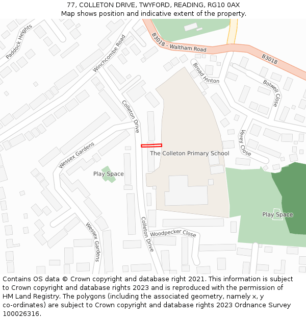 77, COLLETON DRIVE, TWYFORD, READING, RG10 0AX: Location map and indicative extent of plot