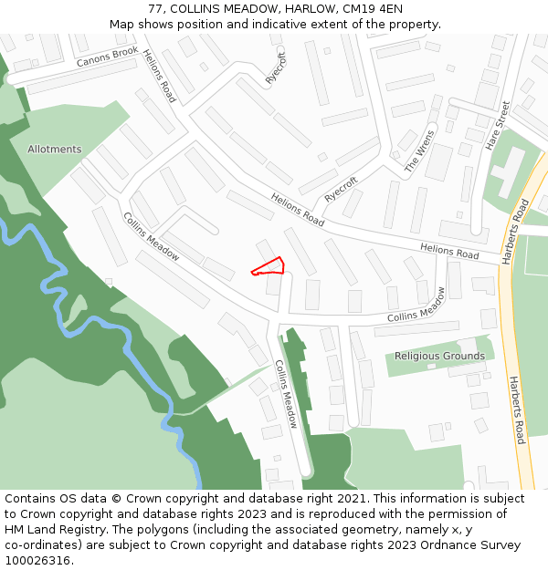 77, COLLINS MEADOW, HARLOW, CM19 4EN: Location map and indicative extent of plot