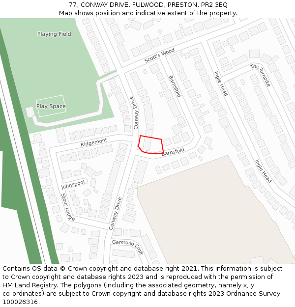 77, CONWAY DRIVE, FULWOOD, PRESTON, PR2 3EQ: Location map and indicative extent of plot