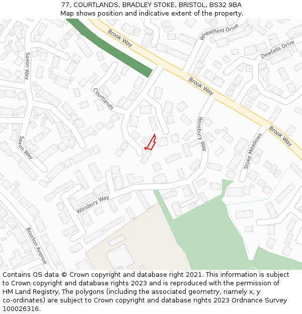 77, COURTLANDS, BRADLEY STOKE, BRISTOL, BS32 9BA: Location map and indicative extent of plot