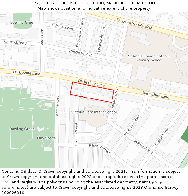 77, DERBYSHIRE LANE, STRETFORD, MANCHESTER, M32 8BN: Location map and indicative extent of plot