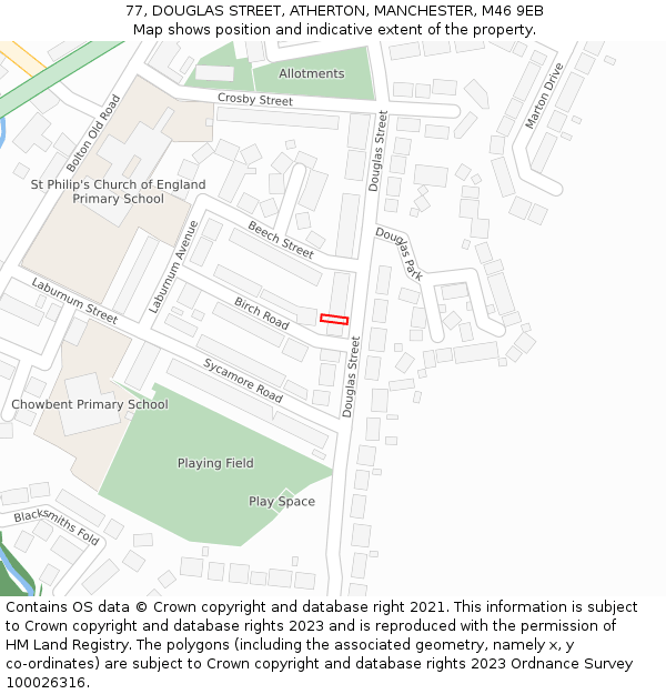 77, DOUGLAS STREET, ATHERTON, MANCHESTER, M46 9EB: Location map and indicative extent of plot