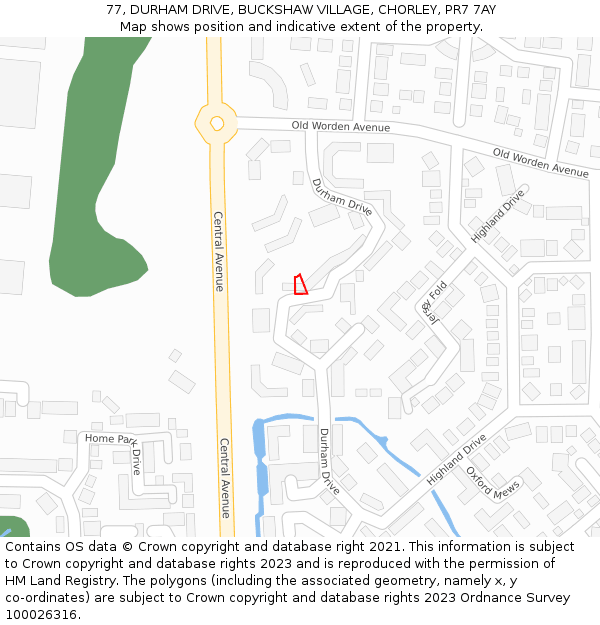 77, DURHAM DRIVE, BUCKSHAW VILLAGE, CHORLEY, PR7 7AY: Location map and indicative extent of plot