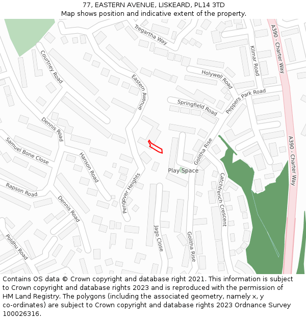 77, EASTERN AVENUE, LISKEARD, PL14 3TD: Location map and indicative extent of plot