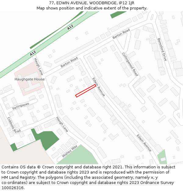 77, EDWIN AVENUE, WOODBRIDGE, IP12 1JR: Location map and indicative extent of plot