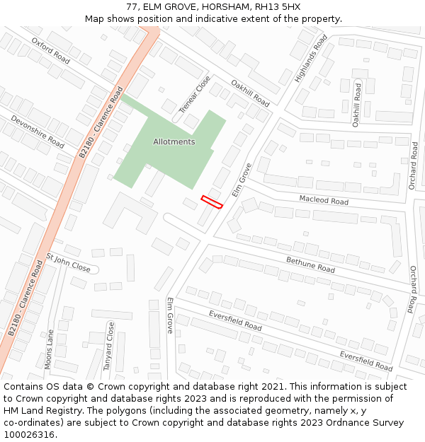 77, ELM GROVE, HORSHAM, RH13 5HX: Location map and indicative extent of plot