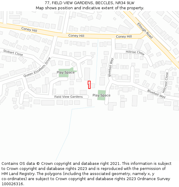 77, FIELD VIEW GARDENS, BECCLES, NR34 9LW: Location map and indicative extent of plot