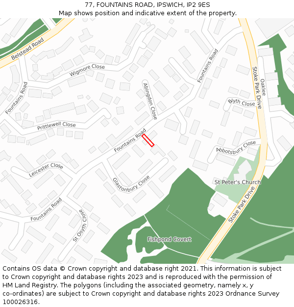 77, FOUNTAINS ROAD, IPSWICH, IP2 9ES: Location map and indicative extent of plot