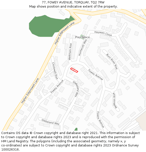 77, FOWEY AVENUE, TORQUAY, TQ2 7RW: Location map and indicative extent of plot