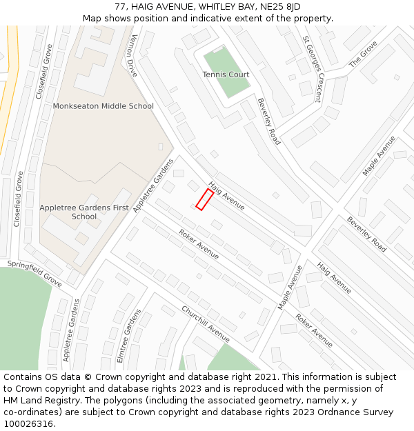 77, HAIG AVENUE, WHITLEY BAY, NE25 8JD: Location map and indicative extent of plot