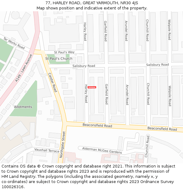 77, HARLEY ROAD, GREAT YARMOUTH, NR30 4JS: Location map and indicative extent of plot