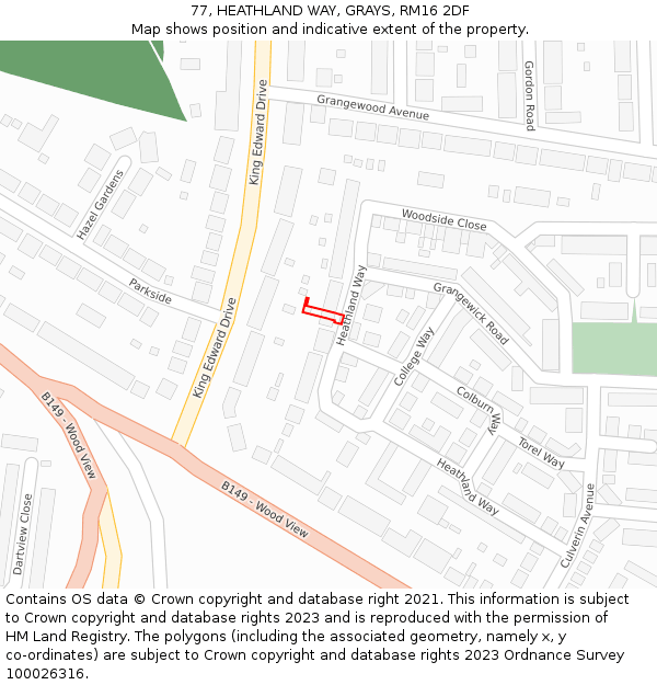 77, HEATHLAND WAY, GRAYS, RM16 2DF: Location map and indicative extent of plot
