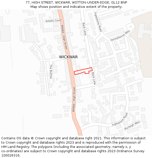 77, HIGH STREET, WICKWAR, WOTTON-UNDER-EDGE, GL12 8NP: Location map and indicative extent of plot