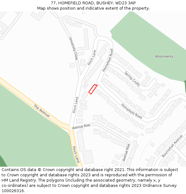 77, HOMEFIELD ROAD, BUSHEY, WD23 3AP: Location map and indicative extent of plot