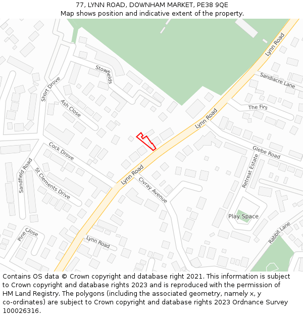 77, LYNN ROAD, DOWNHAM MARKET, PE38 9QE: Location map and indicative extent of plot