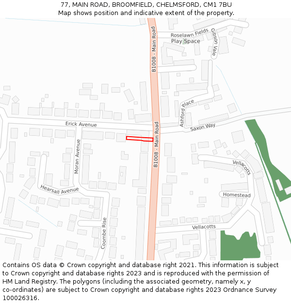 77, MAIN ROAD, BROOMFIELD, CHELMSFORD, CM1 7BU: Location map and indicative extent of plot
