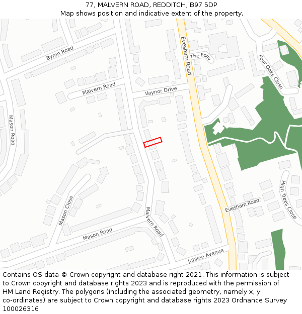 77, MALVERN ROAD, REDDITCH, B97 5DP: Location map and indicative extent of plot