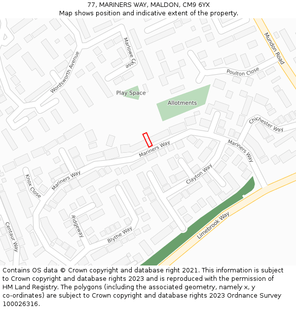 77, MARINERS WAY, MALDON, CM9 6YX: Location map and indicative extent of plot