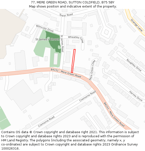 77, MERE GREEN ROAD, SUTTON COLDFIELD, B75 5BY: Location map and indicative extent of plot