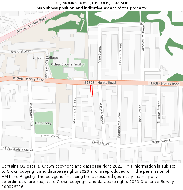 77, MONKS ROAD, LINCOLN, LN2 5HP: Location map and indicative extent of plot