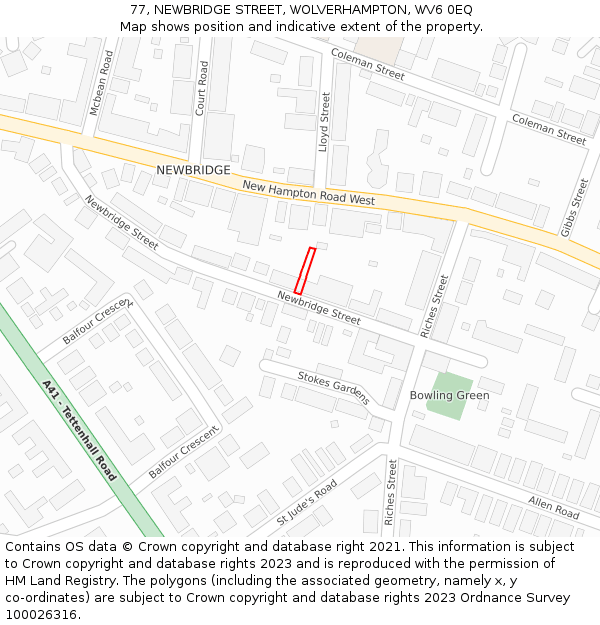 77, NEWBRIDGE STREET, WOLVERHAMPTON, WV6 0EQ: Location map and indicative extent of plot