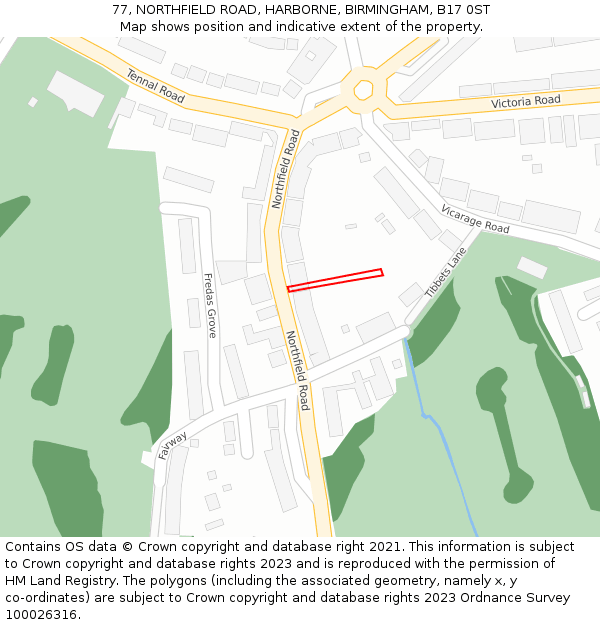 77, NORTHFIELD ROAD, HARBORNE, BIRMINGHAM, B17 0ST: Location map and indicative extent of plot