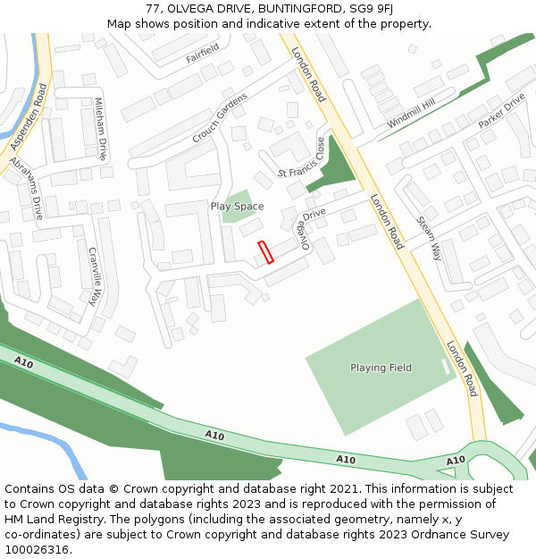 77, OLVEGA DRIVE, BUNTINGFORD, SG9 9FJ: Location map and indicative extent of plot