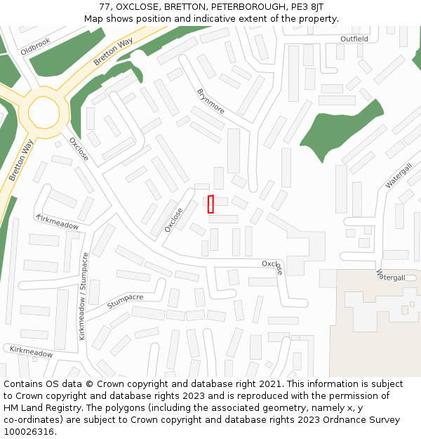 77, OXCLOSE, BRETTON, PETERBOROUGH, PE3 8JT: Location map and indicative extent of plot