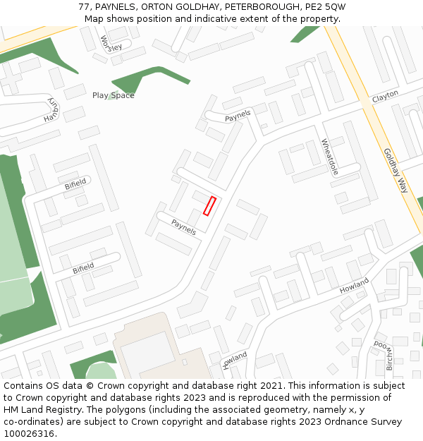 77, PAYNELS, ORTON GOLDHAY, PETERBOROUGH, PE2 5QW: Location map and indicative extent of plot