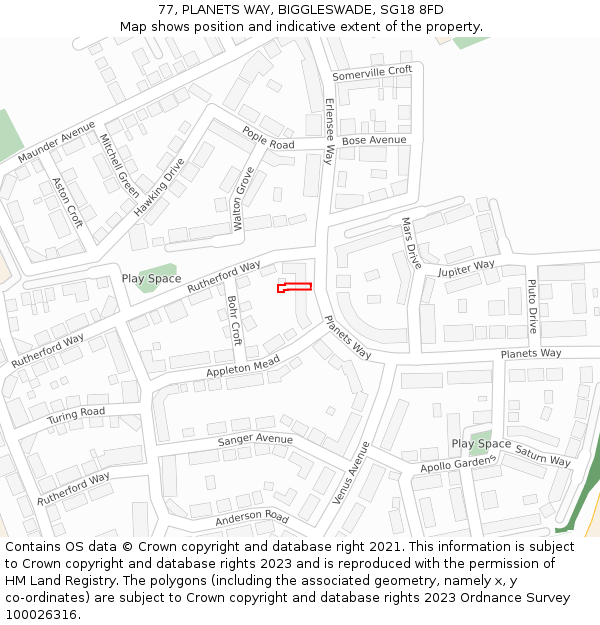 77, PLANETS WAY, BIGGLESWADE, SG18 8FD: Location map and indicative extent of plot