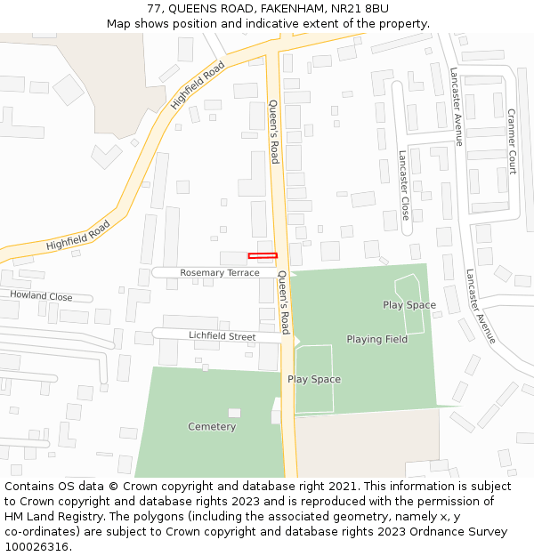 77, QUEENS ROAD, FAKENHAM, NR21 8BU: Location map and indicative extent of plot