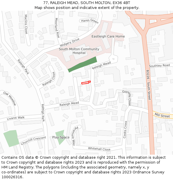77, RALEIGH MEAD, SOUTH MOLTON, EX36 4BT: Location map and indicative extent of plot