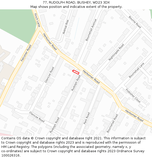 77, RUDOLPH ROAD, BUSHEY, WD23 3DX: Location map and indicative extent of plot
