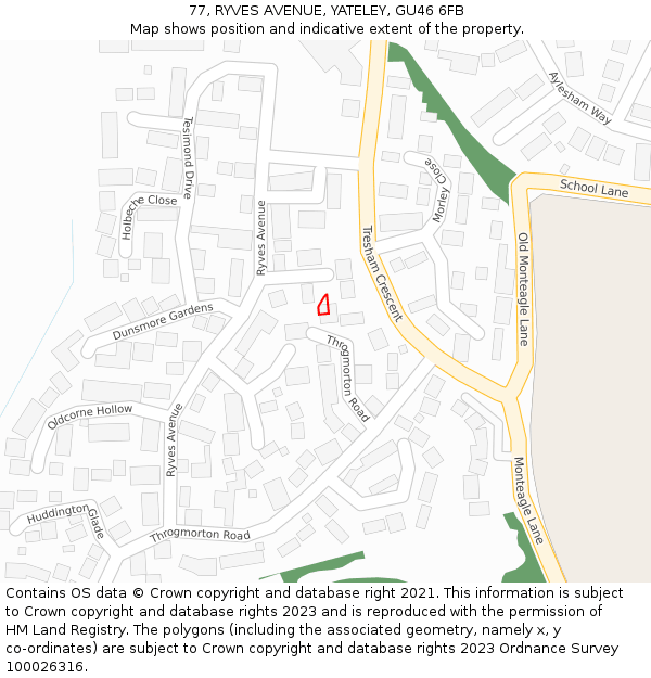 77, RYVES AVENUE, YATELEY, GU46 6FB: Location map and indicative extent of plot