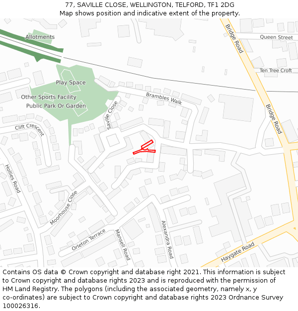77, SAVILLE CLOSE, WELLINGTON, TELFORD, TF1 2DG: Location map and indicative extent of plot
