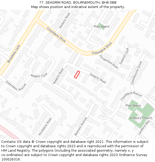 77, SEAGRIM ROAD, BOURNEMOUTH, BH8 0BB: Location map and indicative extent of plot