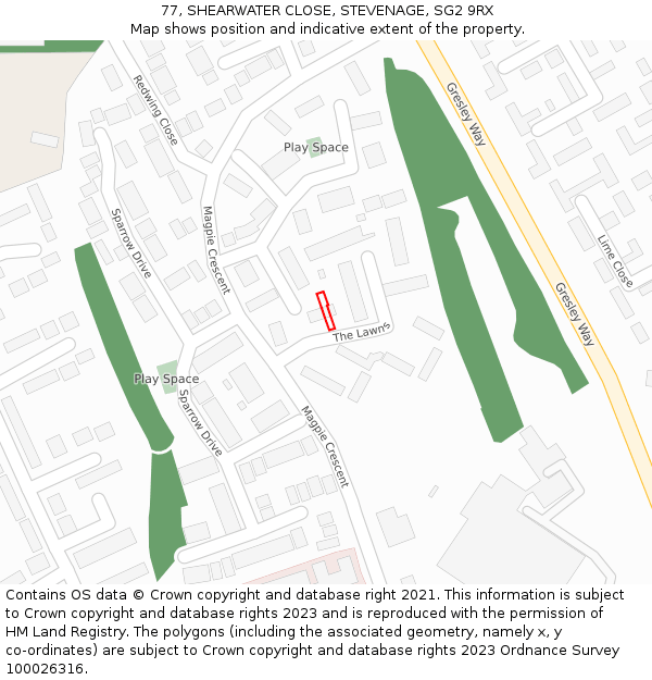 77, SHEARWATER CLOSE, STEVENAGE, SG2 9RX: Location map and indicative extent of plot