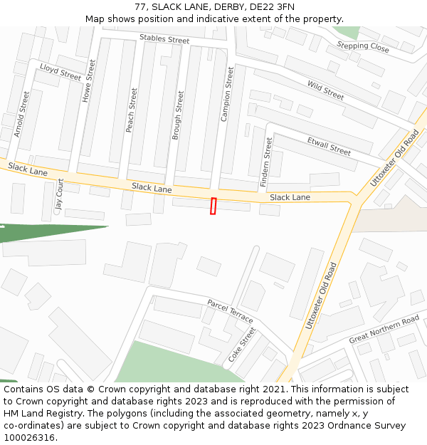 77, SLACK LANE, DERBY, DE22 3FN: Location map and indicative extent of plot