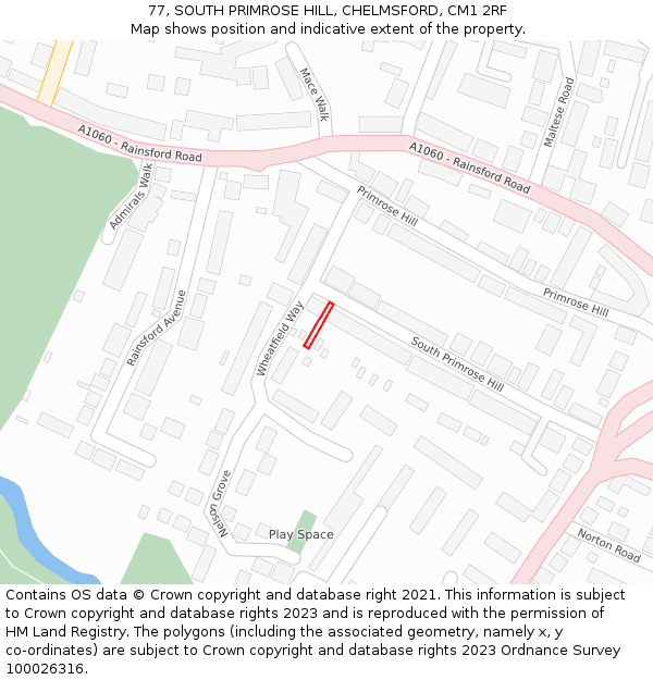 77, SOUTH PRIMROSE HILL, CHELMSFORD, CM1 2RF: Location map and indicative extent of plot
