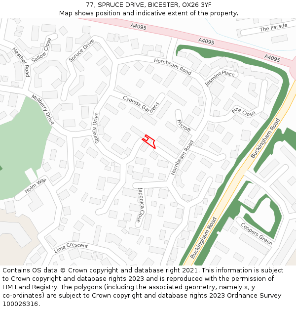 77, SPRUCE DRIVE, BICESTER, OX26 3YF: Location map and indicative extent of plot