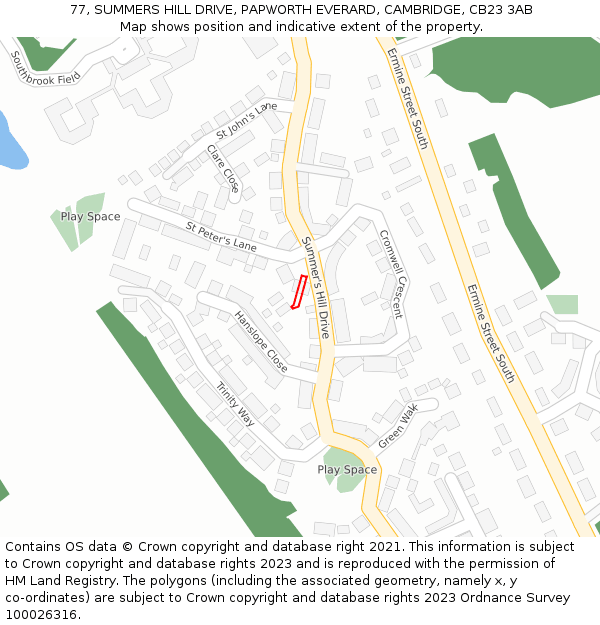77, SUMMERS HILL DRIVE, PAPWORTH EVERARD, CAMBRIDGE, CB23 3AB: Location map and indicative extent of plot