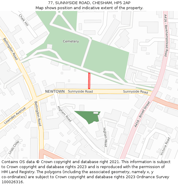 77, SUNNYSIDE ROAD, CHESHAM, HP5 2AP: Location map and indicative extent of plot