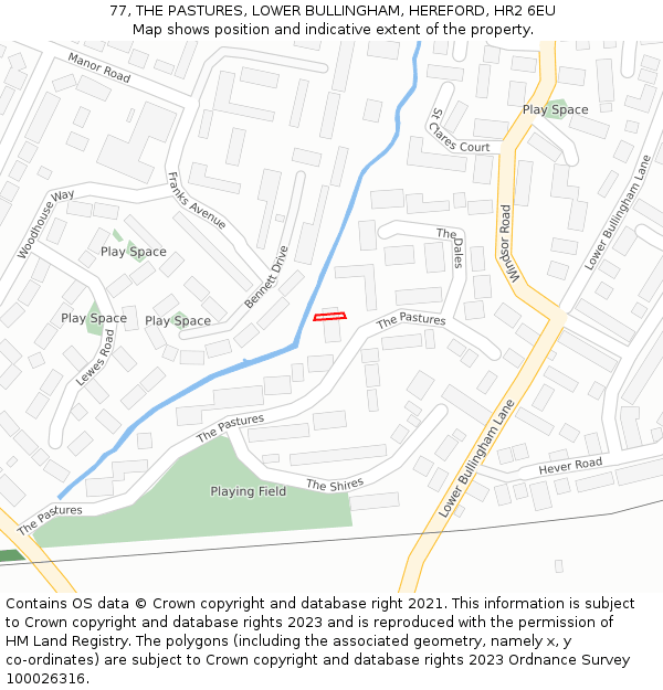 77, THE PASTURES, LOWER BULLINGHAM, HEREFORD, HR2 6EU: Location map and indicative extent of plot